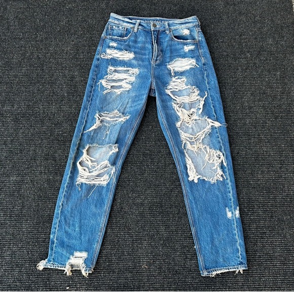 American Eagle Baggy Jeans Distressed Denim Blue Jeans Size 4 Stretch Waistband - Picture 1 of 11